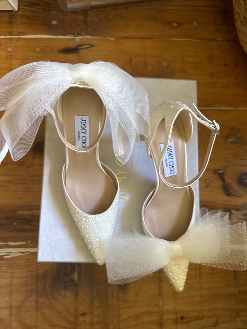 Jimmy Choo Embellished Ivory Bow Heels